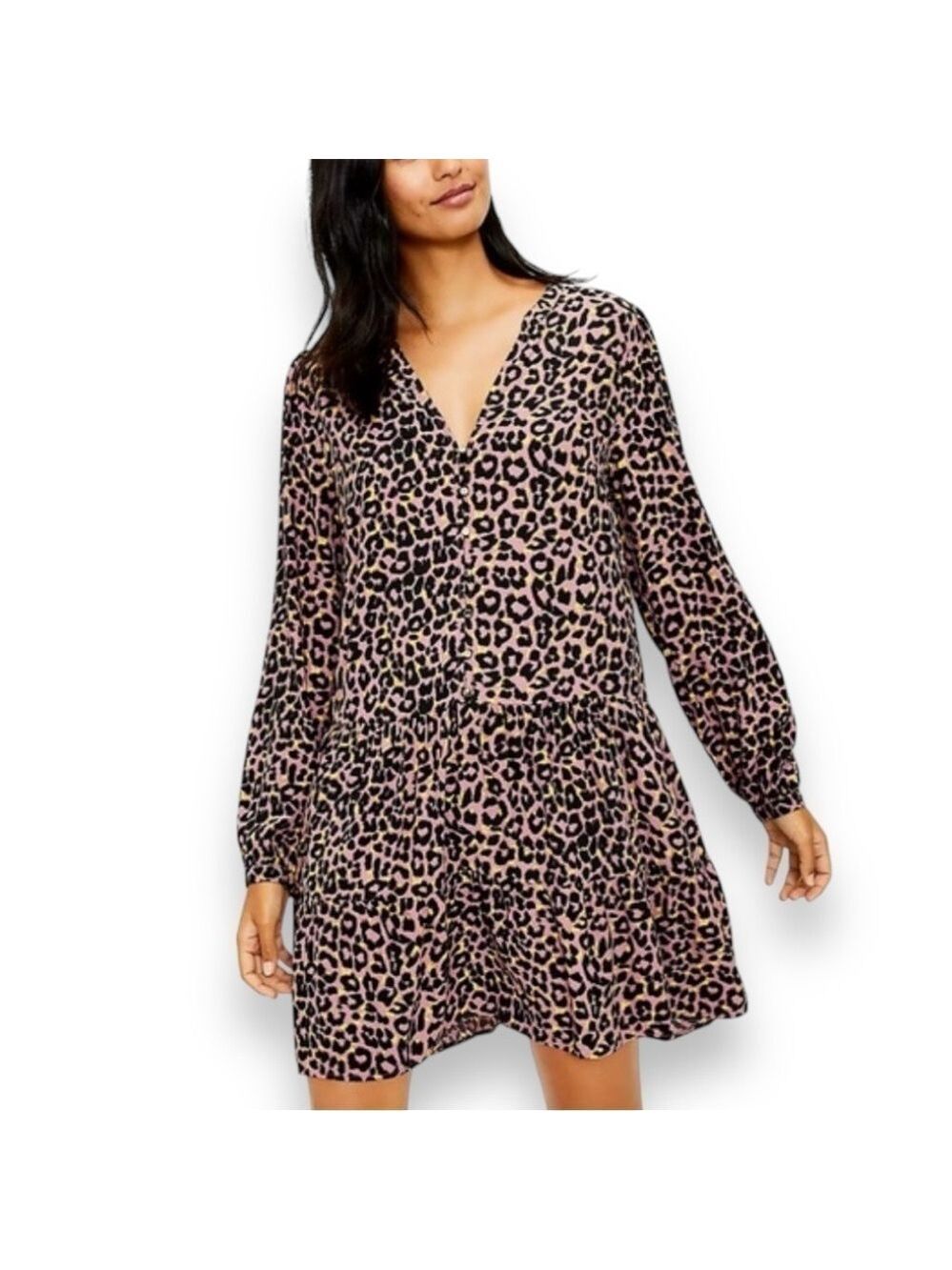 LOFT Brown Leopard Print Button Tiered Swing Dress - Medium